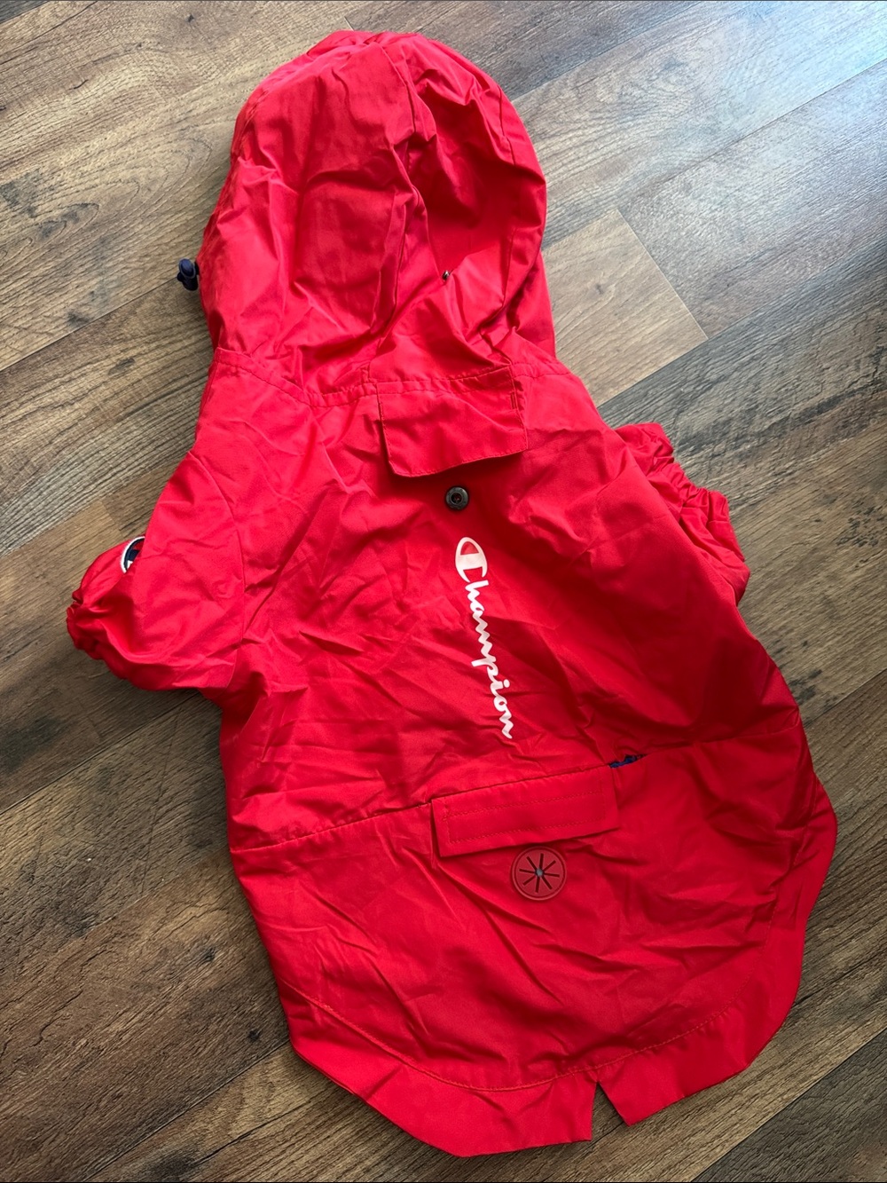 Large Champion Red Hooded Athletic Jacket with Back Script Logo for Dogs